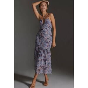MISA Halter-Neck Cut-Out Mesh Midi Dress Floral Print Drop Waist Large Blue Red